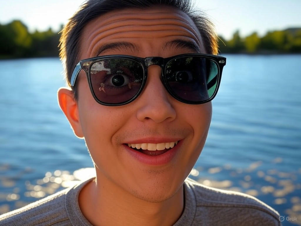Person wearing polarized sunglasses reducing glare on a sunny road, highlighting eye protection and visual clarity.