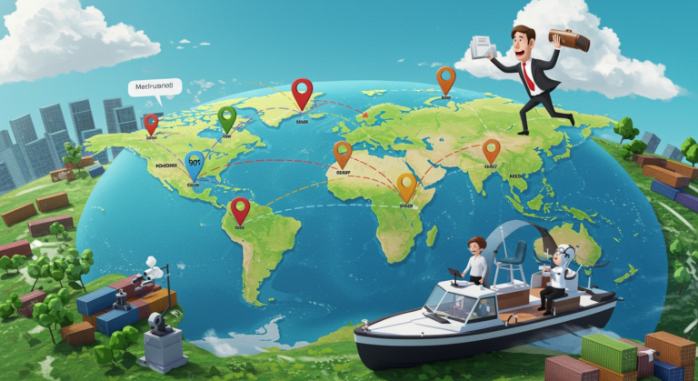 Illustration of Marsh McLennan's Sentrisk platform demonstrating AI-powered supply chain risk management with tariff simulator.