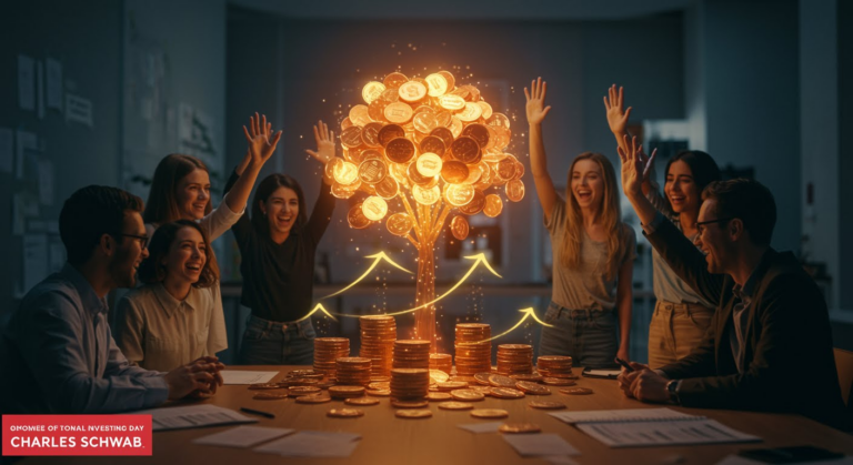 "National Investing Day graphic featuring Charles Schwab empowering individual investors through financial education and tools."