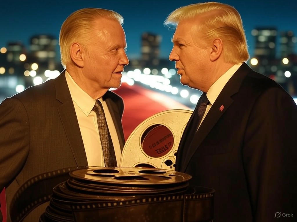 Alt text for hypothetical image: "Jon Voight discussing Trump's proposed 100% tariffs on foreign films to protect the U.S. movie industry"