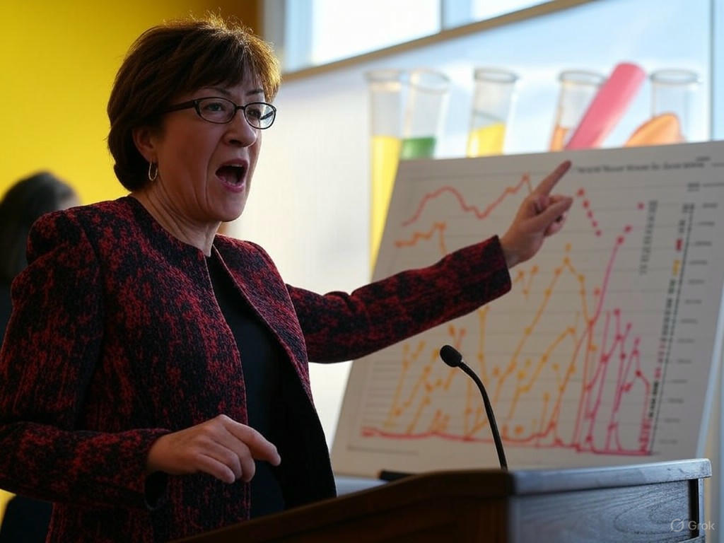 Senator Susan Collins speaking at a Senate hearing opposing Trump's proposed 44% cuts to NIH funding, highlighting impacts on medical research and bipartisan concerns.
