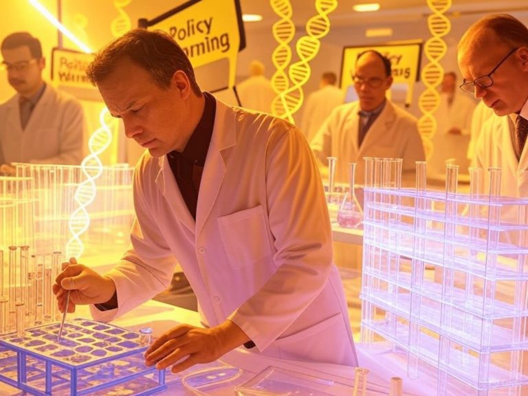 Alt text for potential image: "Biotech researchers analyzing DNA in a lab, symbolizing threats from Trump's policies on research funding, FDA regulations, and US-China collaboration."