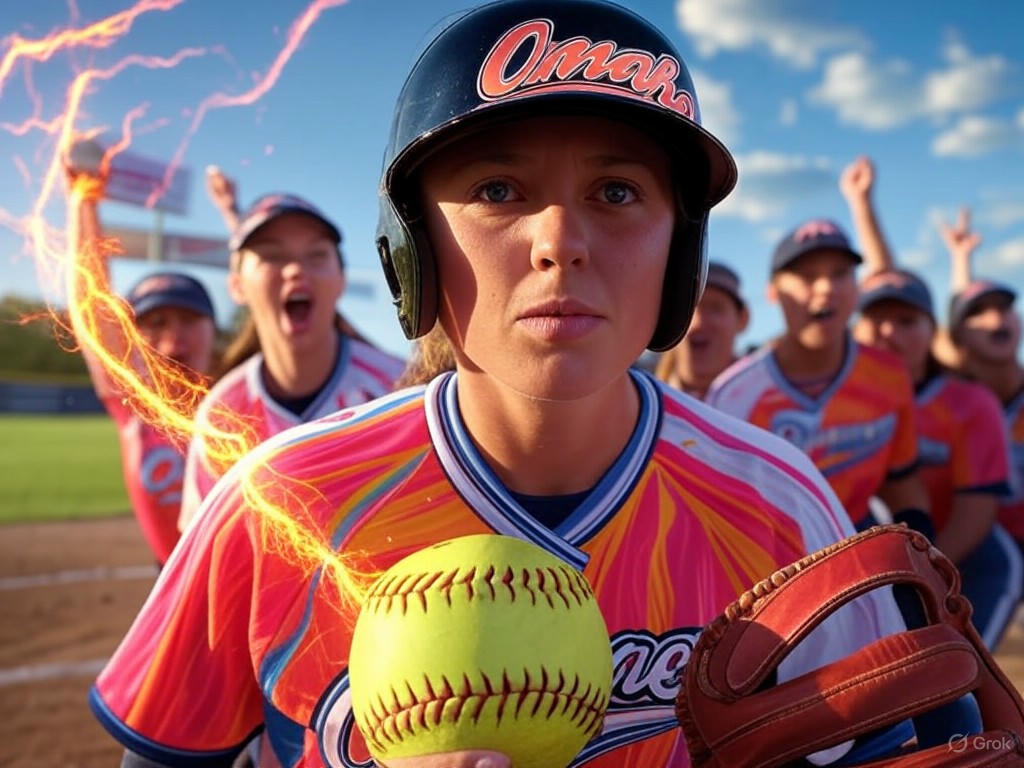 Omaha Softball team celebrating as the top seed in the 2025 Summit League Championship, with pitcher Maddia Groff on the mound.Image
