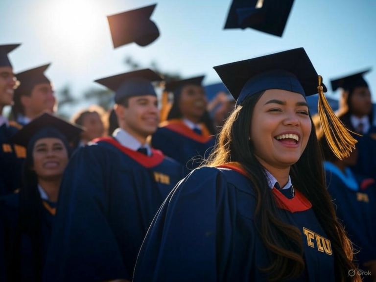 A group of FIU Spring 2025 graduates in caps and gowns celebrating at the Ocean Bank Convocation Center during the commencement ceremony.Image