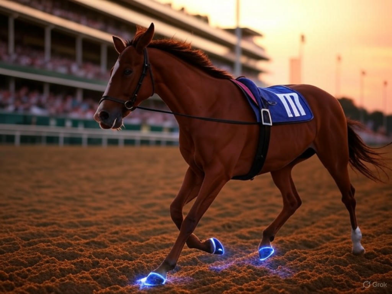 A photo of the Journalism horse, a bay colt and 2025 Kentucky Derby favorite, trained by Michael McCarthy and ridden by Umberto Rispoli, competing at Churchill Downs in the Santa Anita Derby.Image