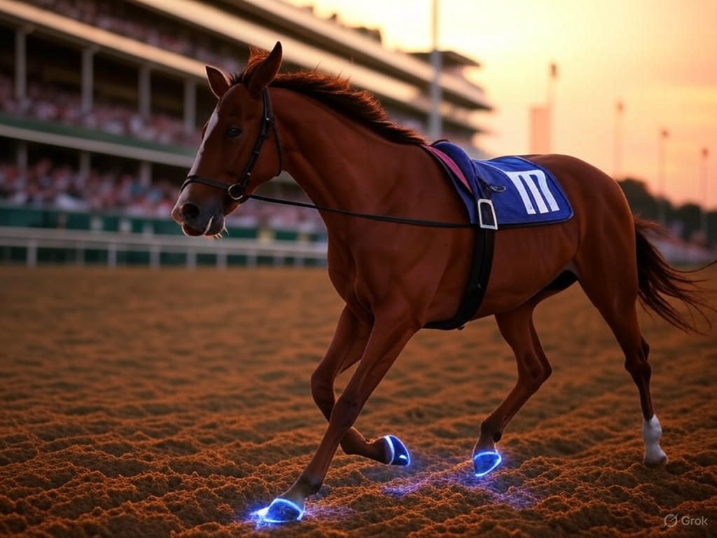 A photo of the Journalism horse, a bay colt and 2025 Kentucky Derby favorite, trained by Michael McCarthy and ridden by Umberto Rispoli, competing at Churchill Downs in the Santa Anita Derby.Image