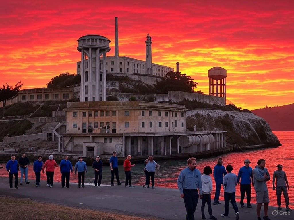 Alcatraz Island prison reopening under Trump's directive, featuring the historic San Francisco Bay facility transformed into a high-security prison for violent offenders, emphasizing law and order and criminal justice reform.