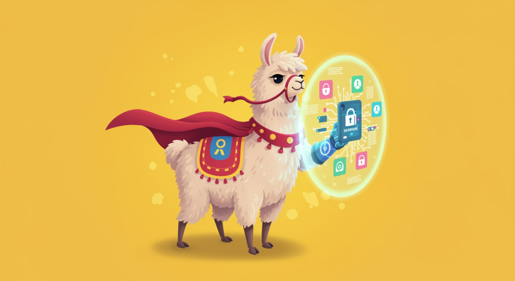An illustration of Meta's Llama AI security tools, including Llama Guard 4 and LlamaFirewall, protecting against AI threats like prompt injections and cyber attacks.