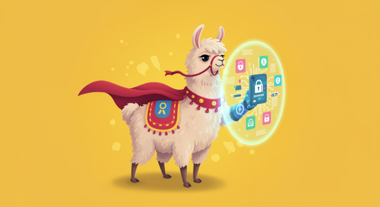 An illustration of Meta's Llama AI security tools, including Llama Guard 4 and LlamaFirewall, protecting against AI threats like prompt injections and cyber attacks.