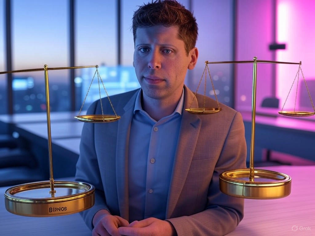 An illustration of OpenAI's restructuring, highlighting nonprofit oversight, public benefit corporation model, and ethical AI governance featuring Sam Altman.Image