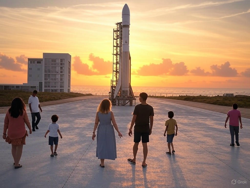 A rendering of SpaceX's Starbase facility in South Texas, depicting rocket launches, city incorporation celebrations, and Elon Musk's vision for space exploration amidst environmental challenges.