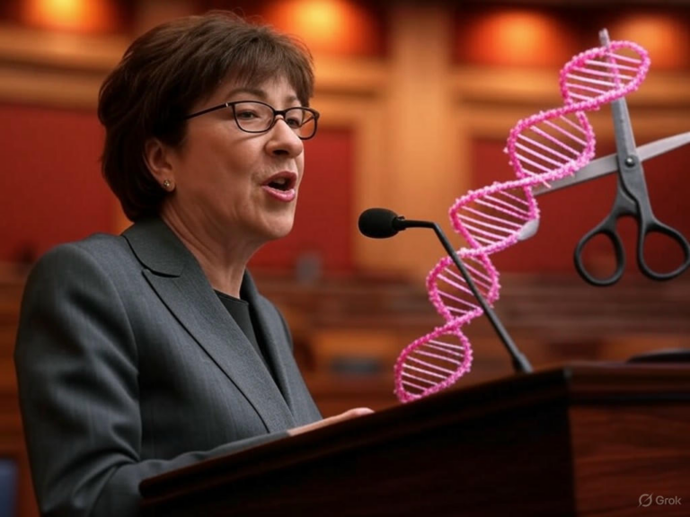 Senator Susan Collins testifying at Senate Appropriations Committee hearing against Trump administration's proposed NIH funding cuts, highlighting risks to biomedical research and U.S. scientific leadership.