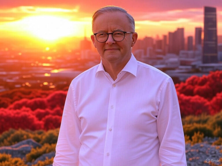 Anthony Albanese speaking at a podium, symbolizing his experienced leadership and Labor government's triumphs in Australian politics, including economic reforms, social justice, and anti-corruption measures, contrasted against Trump-inspired Coalition failures.