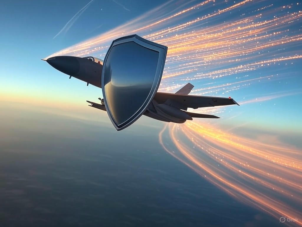 A futuristic airplane protected by digital shields and AI circuits, symbolising cybersecurity investments and efficiency gains in North American airlines.