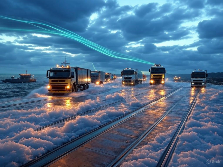 Illustration of AI-powered solutions protecting global supply chains from climate-related disruptions in 2025, featuring predictive analytics and enhanced visibility for resilience against the climate crisis.Image