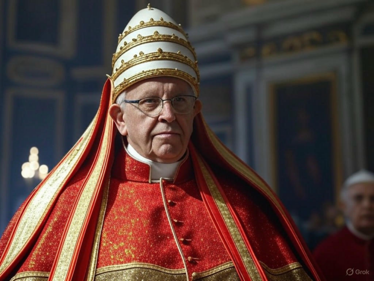 An AI-generated image of former President Donald Trump dressed in papal robes, including a white cassock and bishop's miter, amid the Trump AI Pope controversy.Image