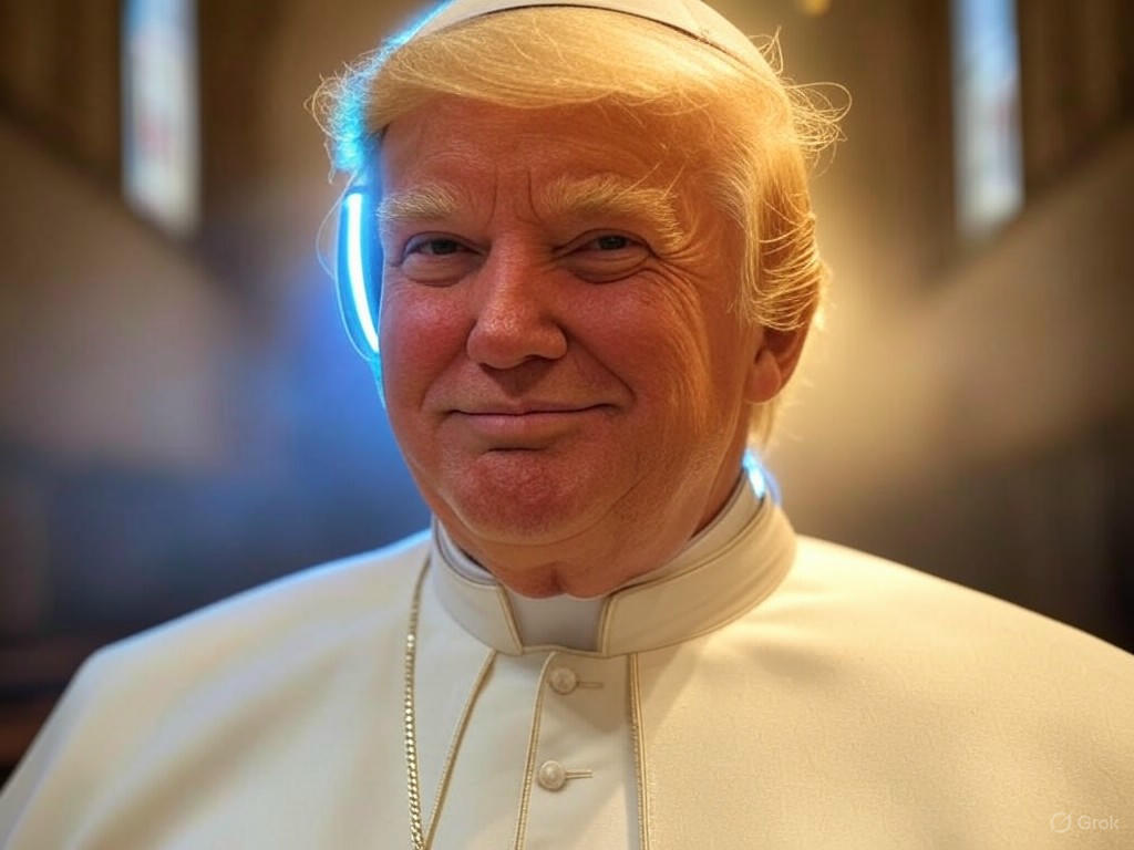 AI-generated image of Donald Trump dressed as the Pope, wearing papal vestments and a miter, seated regally with a raised finger, sparking controversy among Catholic leaders.Image