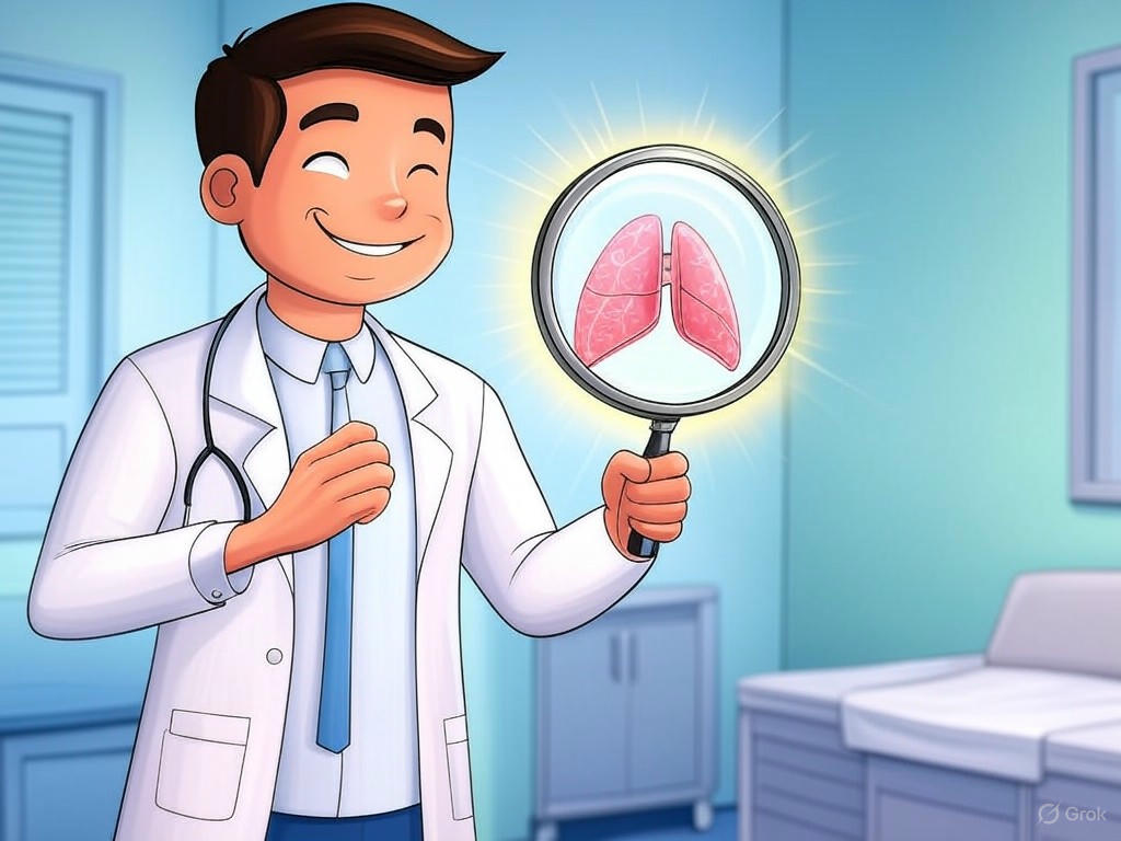 Illustration of AI analyzing chest X-rays for early lung cancer detection with over 90% sensitivity.