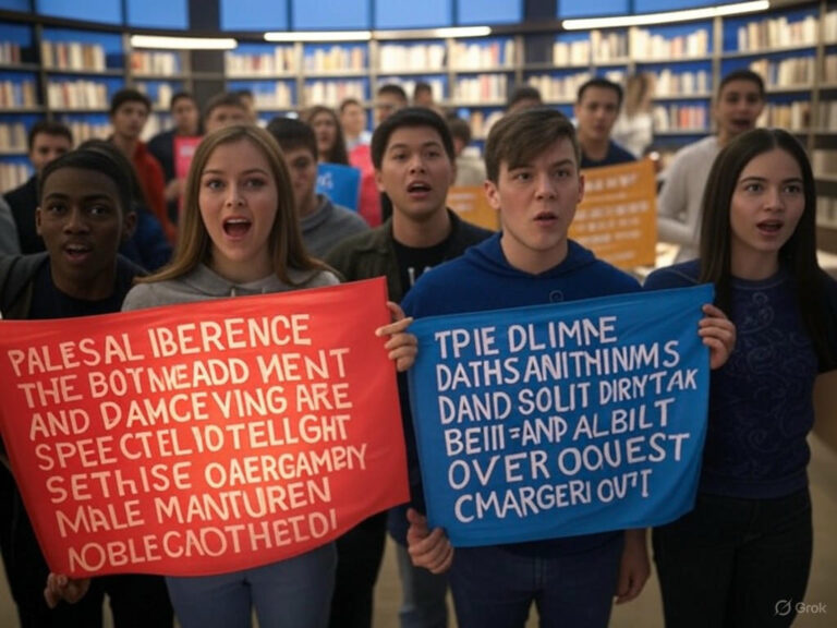 Protesters occupying Butler Library at Columbia University, waving Palestinian flags and confronting police during protests over the Israel-Hamas conflict.