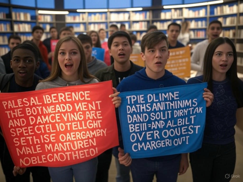 Protesters occupying Butler Library at Columbia University, waving Palestinian flags and confronting police during protests over the Israel-Hamas conflict.