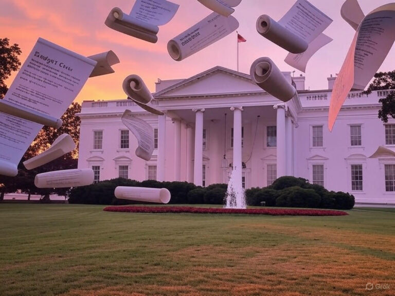 Illustration of President Trump signing executive orders on tariffs, immigration, and Project 2025 policies during his 2025 presidency.