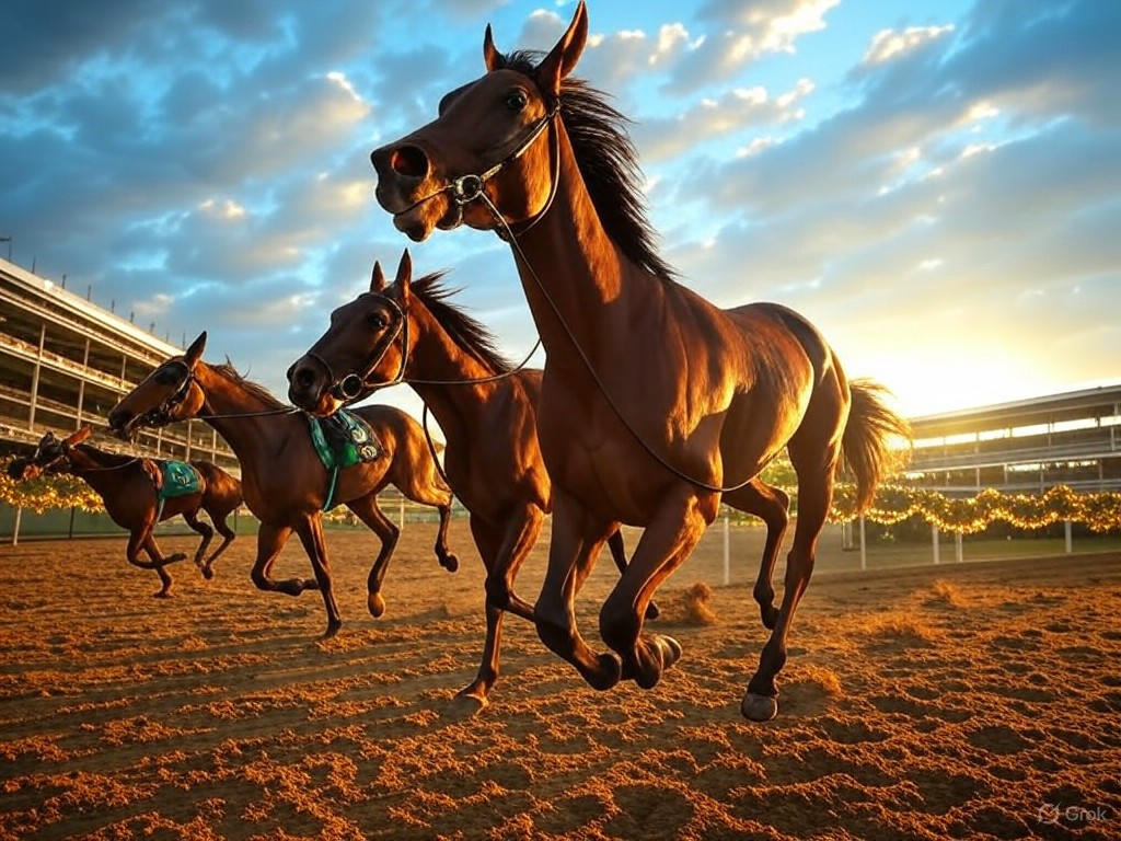 A vibrant scene of horses racing at the 2025 Kentucky Derby, with thoroughbreds charging under the Twin Spires at Churchill Downs, symbolizing expert picks, odds, and betting strategies for the event.Image