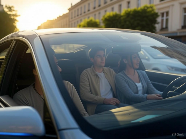 An autonomous robotaxi driving through European city streets, representing Uber's partnership with Momenta for AI-driven urban mobility by 2026.Image