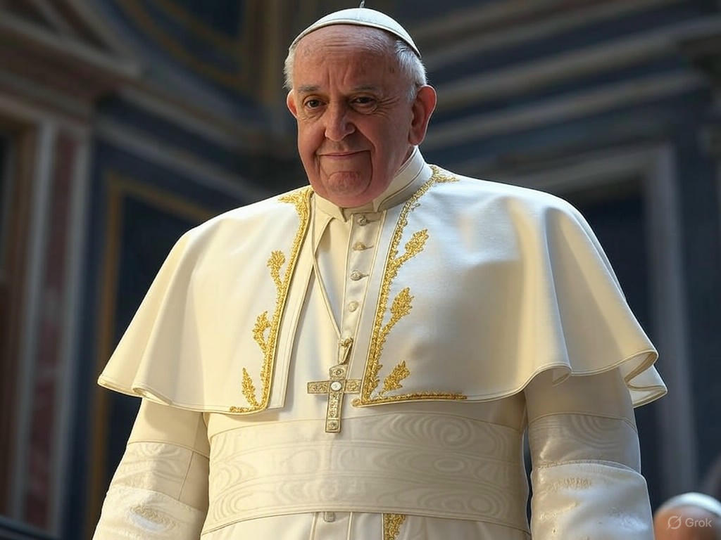 An AI-generated image of President Donald Trump dressed in papal attire, including a white cassock, bishop's hat, and a cross necklace, shared amid controversy over religious sensitivities and AI ethics.Image