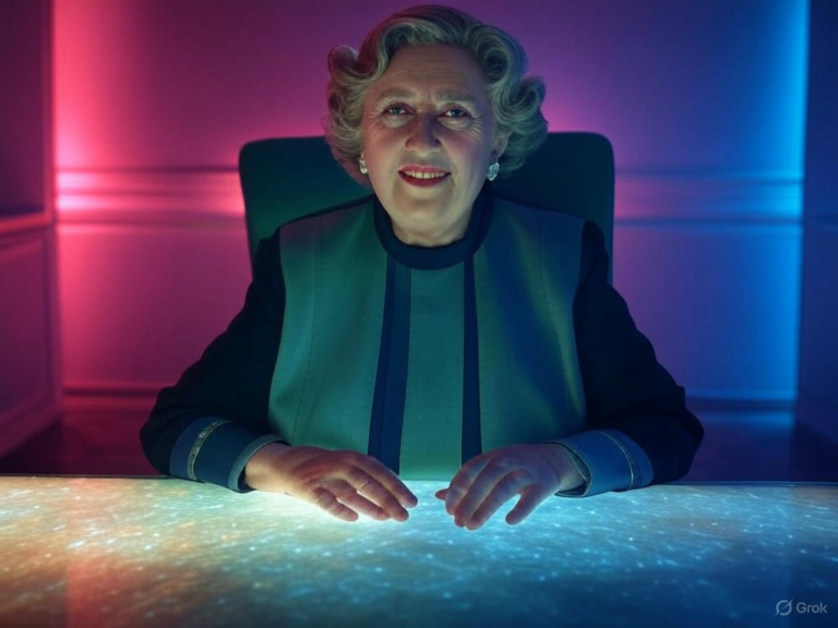An AI-generated portrait of Agatha Christie, the Queen of Crime, teaching mystery writing techniques in a BBC Maestro course.Image