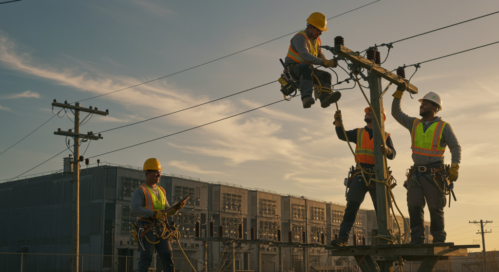Alt text for an image based on the context: "Electricians training for AI power demands, addressing workforce shortage through Google's funding and apprenticeship programs."