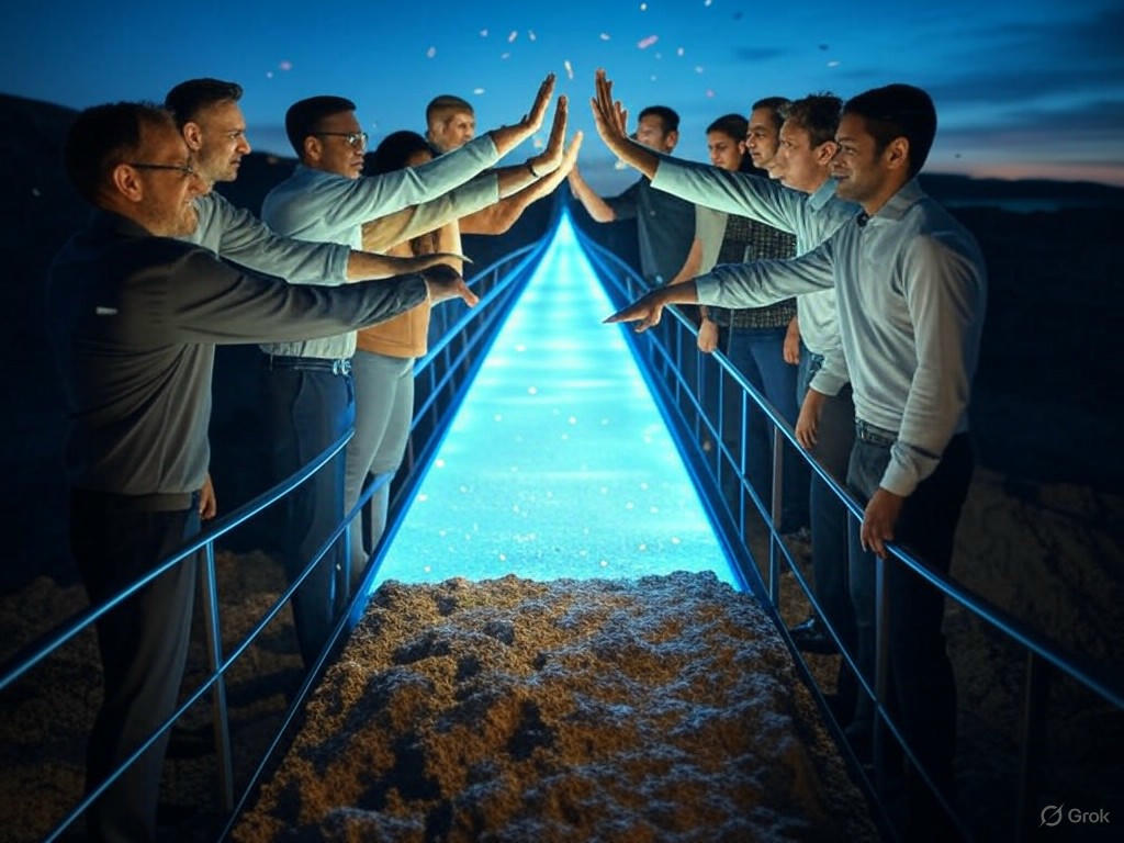 An illustration of the AI Access-Trust Gap bridged by essential droids, highlighting future security, AI security, access management, extended access management, data privacy, business continuity, and national security.