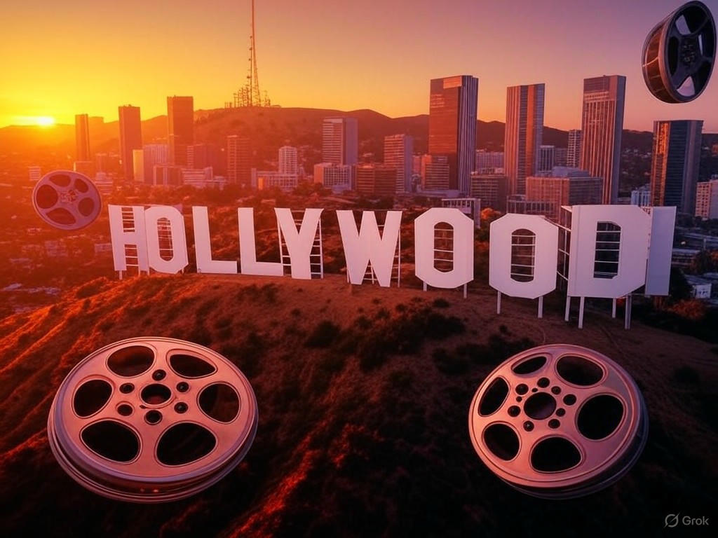 Hollywood sign amid storm clouds, symbolizing the Hollywood crisis triggered by Trump's potential 9th national emergency and its impacts on California's film industry.