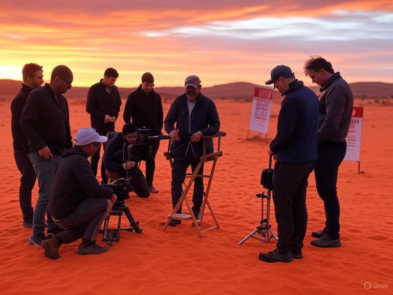 Illustration of Trump Tariffs' impact on Australia and New Zealand film industries, showing economic challenges and global collaborations in cinema.