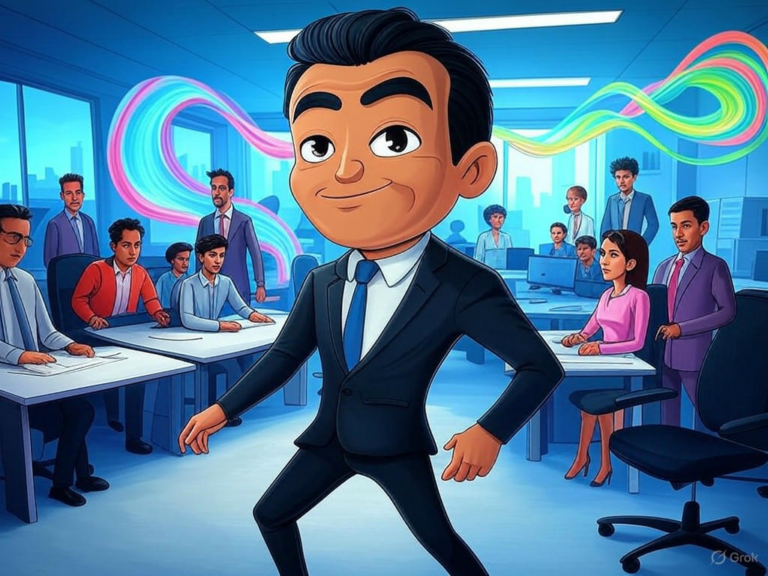 An illustration of agentic AI transforming leadership and organizational structures, showing autonomous AI agents collaborating with human leaders in a dynamic business environment.