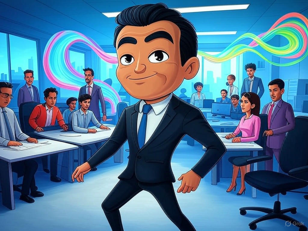 An illustration of agentic AI transforming leadership and organizational structures, showing autonomous AI agents collaborating with human leaders in a dynamic business environment.