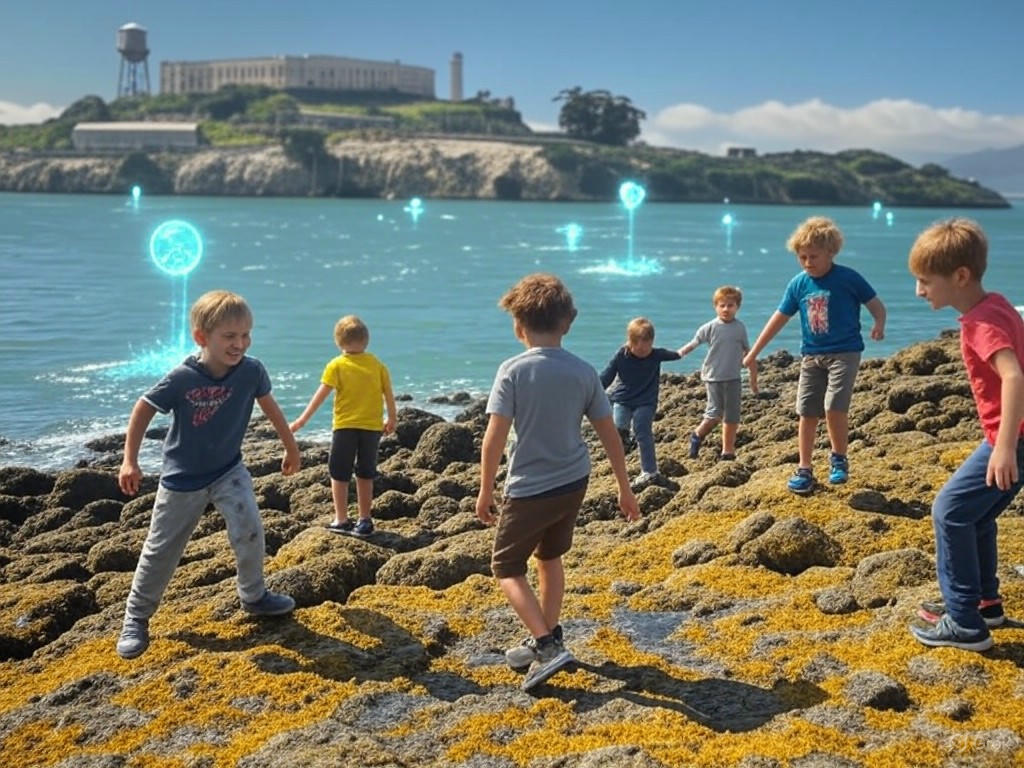 A historical photograph of children playing on Alcatraz Island, with the prison in the background, illustrating everyday life and childhood memories in an unusual setting.