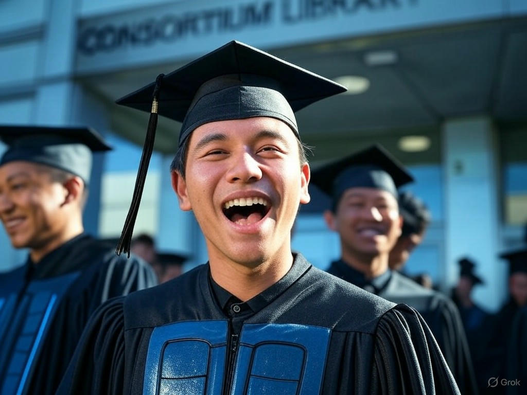 A group of University of Alaska Anchorage graduates in cap and gown posing for professional photos at the Consortium Library during the 2025 Spring Commencement.Image