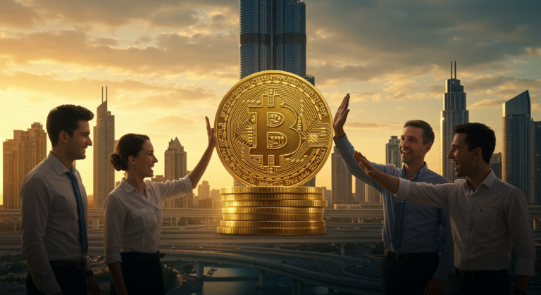 Dubai's skyline with rising Bitcoin charts and crypto symbols, representing the booming market, $5.4 billion investments, and evolving UAE regulations in 2025.