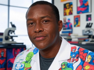 Alt text: "Anthony Bartley, aka FadingRoyalty, a Chicago artist, depicting his inspiring journey from science to art through vibrant paintings exploring Black identity, pop culture influences, manga-inspired visuals, and community storytelling in his exhibition."