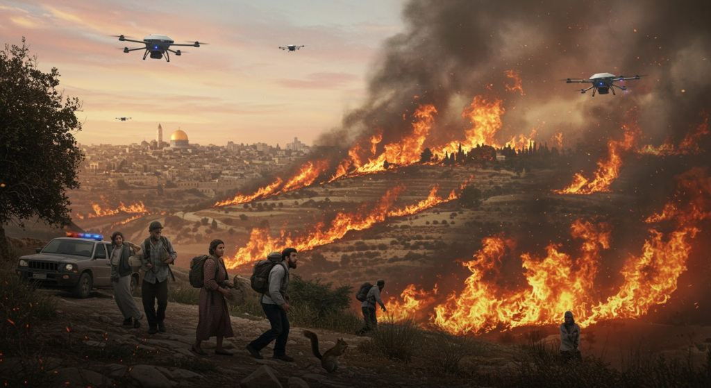 "Wildfires ravaging forests near Jerusalem, Israel, as residents evacuate amidst chaos and international firefighting aid responds to the emergency."