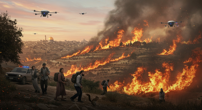 "Wildfires ravaging forests near Jerusalem, Israel, as residents evacuate amidst chaos and international firefighting aid responds to the emergency."