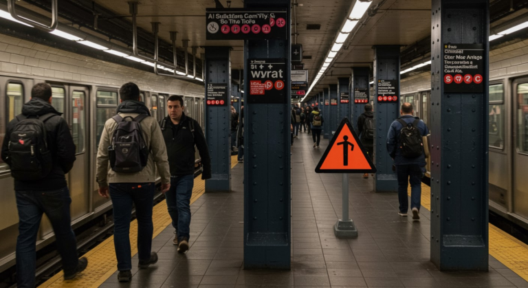AI subway cameras monitoring a crowded New York City subway platform for real-time crime prevention and safety.