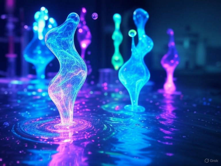 Illustration of a quantum gas transforming into liquid droplets via capillary instability, showcasing ultracold atoms in a Bose-Einstein condensate state.