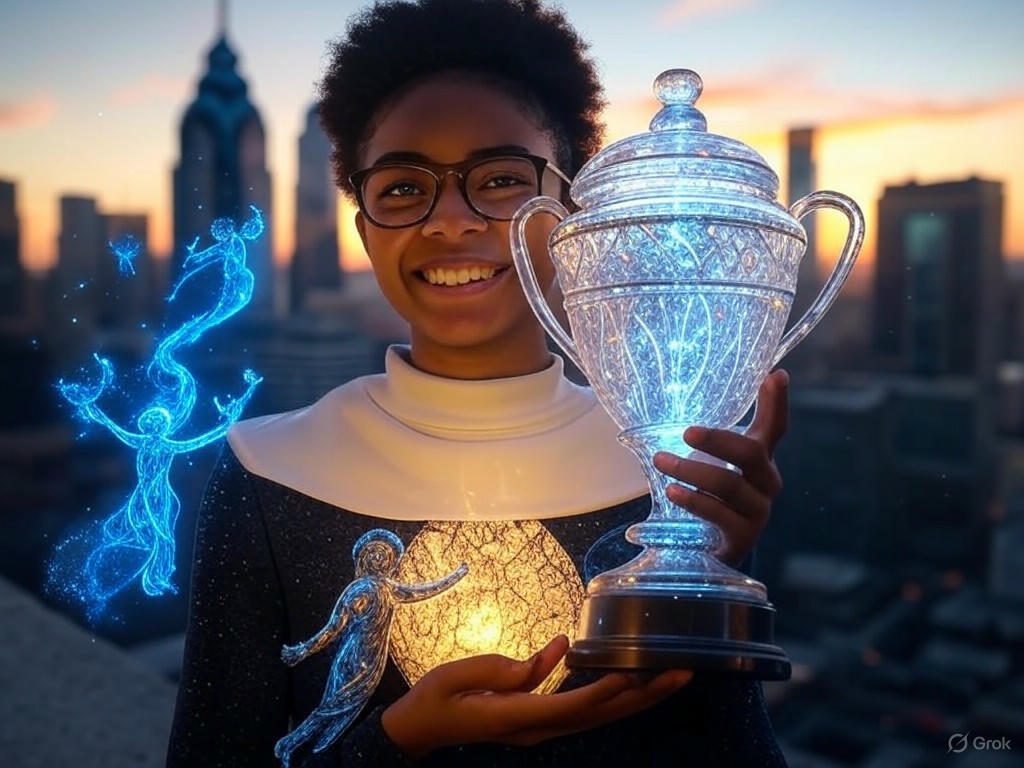 Shaqueah Henry posing with her Philadelphia Senior of the Month award for April 2025, symbolizing academic excellence and community resilience.Image