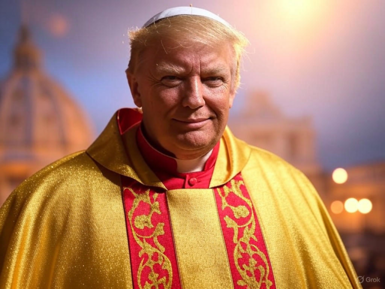 AI-generated image of Donald Trump in papal robes, wearing a mitre and smiling, representing his playful fantasy of becoming the next Pope.Image