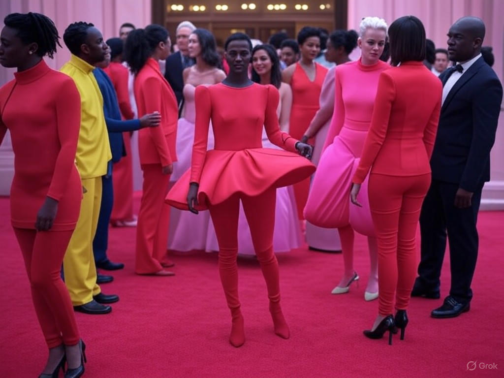 A glamorous red carpet scene at the 2025 Met Gala, featuring attendees in high-fashion outfits, with themes of exclusivity, $75,000 ticket prices, and Anna Wintour's influence.Image