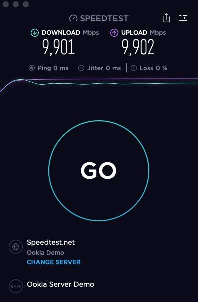 A Speedtest.net result showing download speed of 9,901 Mbps and upload speed of 9,902 Mbps