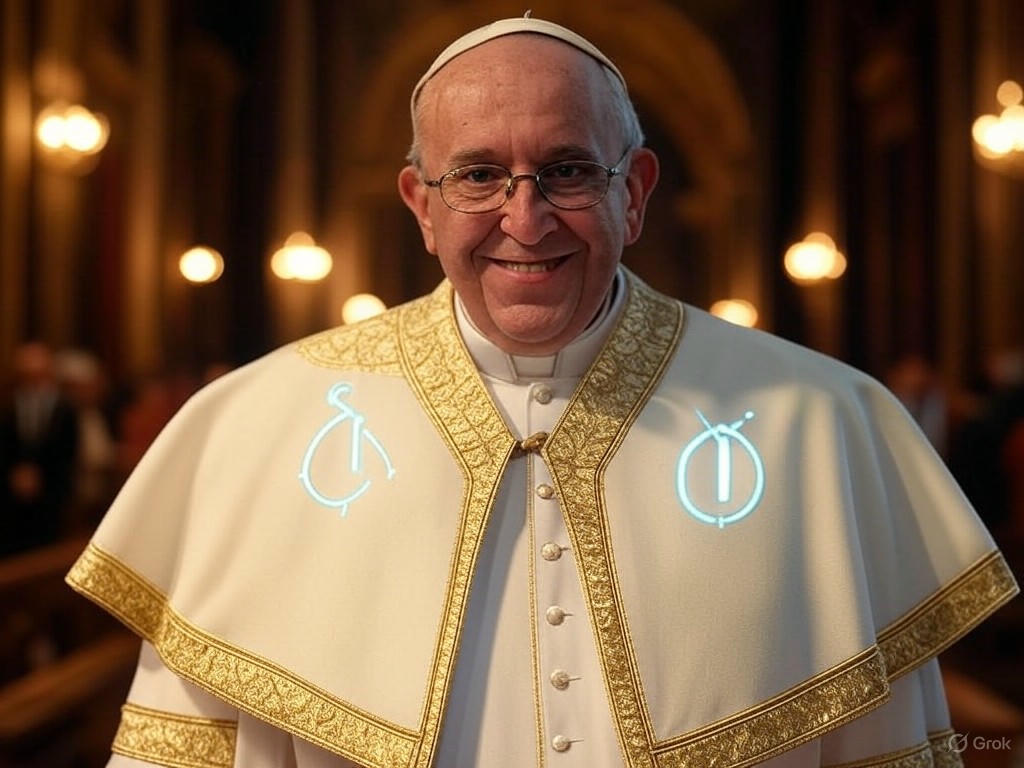 An AI-generated image of President Donald Trump dressed in papal attire, sitting on a throne.