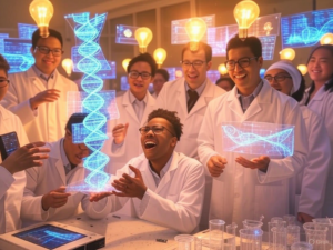 "FutureHouse AI tools accelerating scientific research, featuring icons of PaperQA2, ChemCrow, and data analysis for faster discoveries in biology and medicine."
