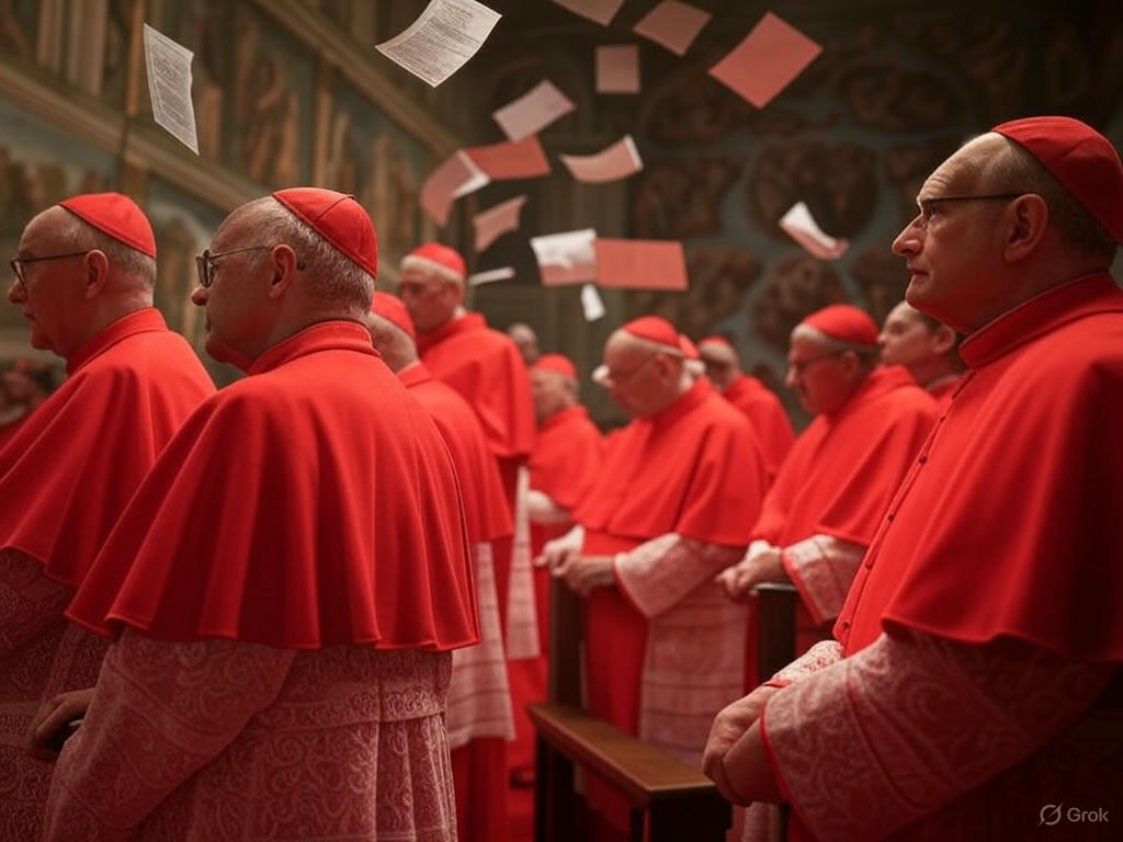 Alt text for the context of papal conclave history: "Cardinals voting in the Sistine Chapel during a papal conclave, surrounded by Vatican architecture and historical traditions."